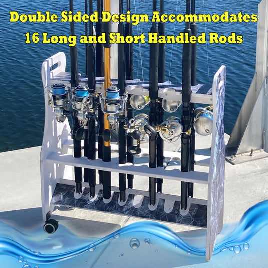 Reel Salty Saltwater 16-Rod Rolling Fishing Rod Rack – Mobile Offshore & Inshore Floor Storage Organizer
