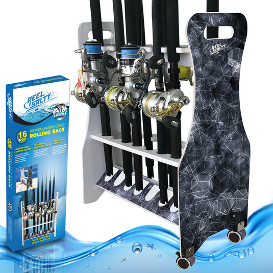Reel Salty Saltwater 16-Rod Rolling Fishing Rod Rack – Mobile Offshore & Inshore Floor Storage Organizer