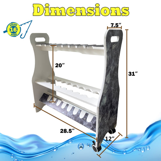 Reel Salty Saltwater 16-Rod Rolling Fishing Rod Rack – Mobile Offshore & Inshore Floor Storage Organizer