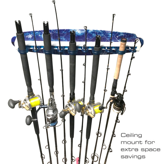 Reel Salty Waterproof Offshore & Inshore Fishing Rod Holder for 10 Saltwater Rods – Wall-Mounted Fishing Pole Storage Rack for Garage Organization, Fishing Gear & Accessories