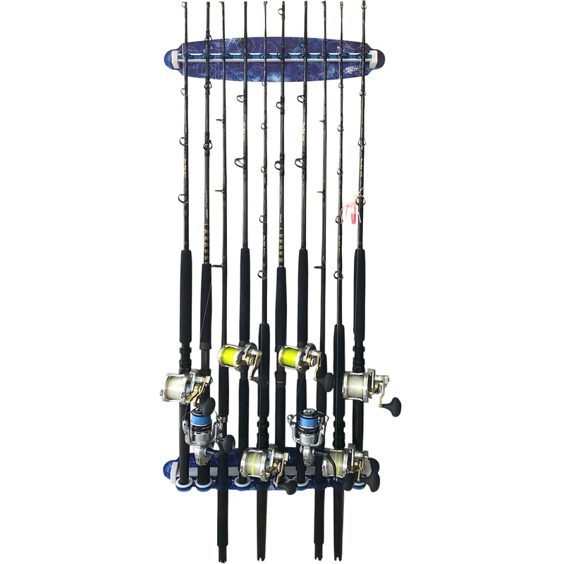 Load image into Gallery viewer, Reel Salty Waterproof Offshore &amp; Inshore Fishing Rod Holder for 10 Saltwater Rods – Wall-Mounted Fishing Pole Storage Rack for Garage Organization, Fishing Gear &amp; Accessories
