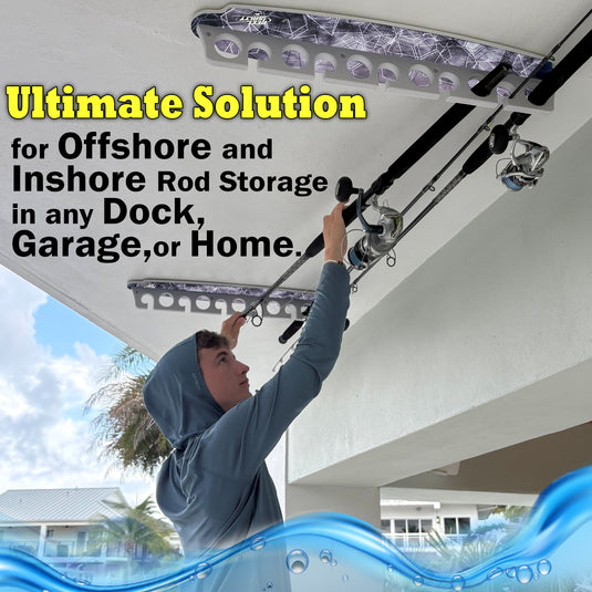 Reel Salty Waterproof Fishing Rod Holder for 11 Offshore & Inshore Saltwater Rods – Wall-Mounted Garage Storage Rack