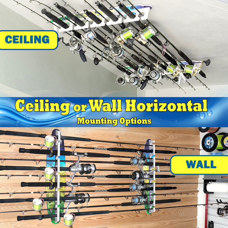 Load image into Gallery viewer, Reel Salty Waterproof Offshore &amp; Inshore Fishing Rod Holder for 11 Fishing Poles – Wall-Mounted Garage Storage Rack for Rods, Mahi
