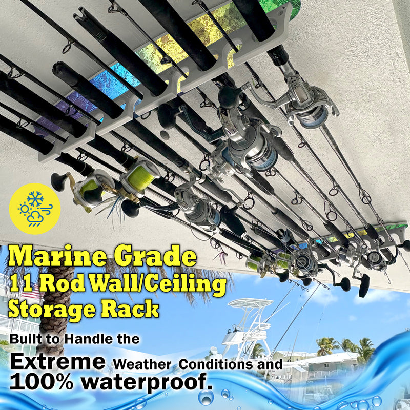 Load image into Gallery viewer, Reel Salty Waterproof Offshore &amp; Inshore Fishing Rod Holder for 11 Fishing Poles – Wall-Mounted Garage Storage Rack for Rods, Mahi
