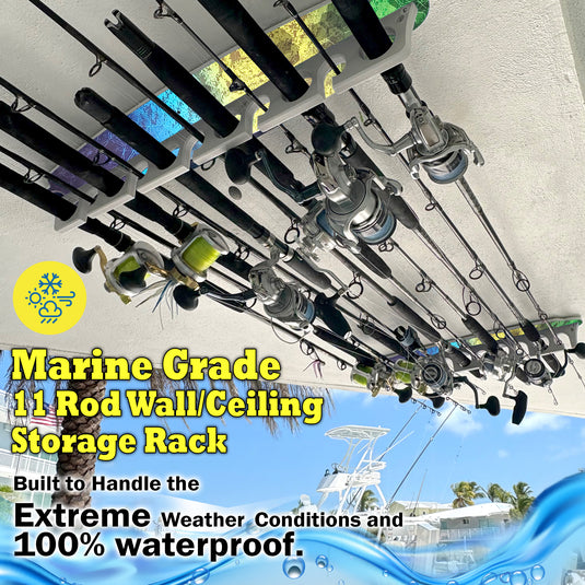 Reel Salty Waterproof Offshore & Inshore Fishing Rod Holder for 11 Fishing Poles – Wall-Mounted Garage Storage Rack for Rods, Mahi
