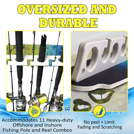 Reel Salty Waterproof Offshore & Inshore Fishing Rod Holder for 11 Fishing Poles – Wall-Mounted Garage Storage Rack for Rods, Mahi