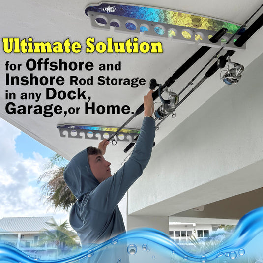 Reel Salty Waterproof Offshore & Inshore Fishing Rod Holder for 11 Fishing Poles – Wall-Mounted Garage Storage Rack for Rods, Mahi