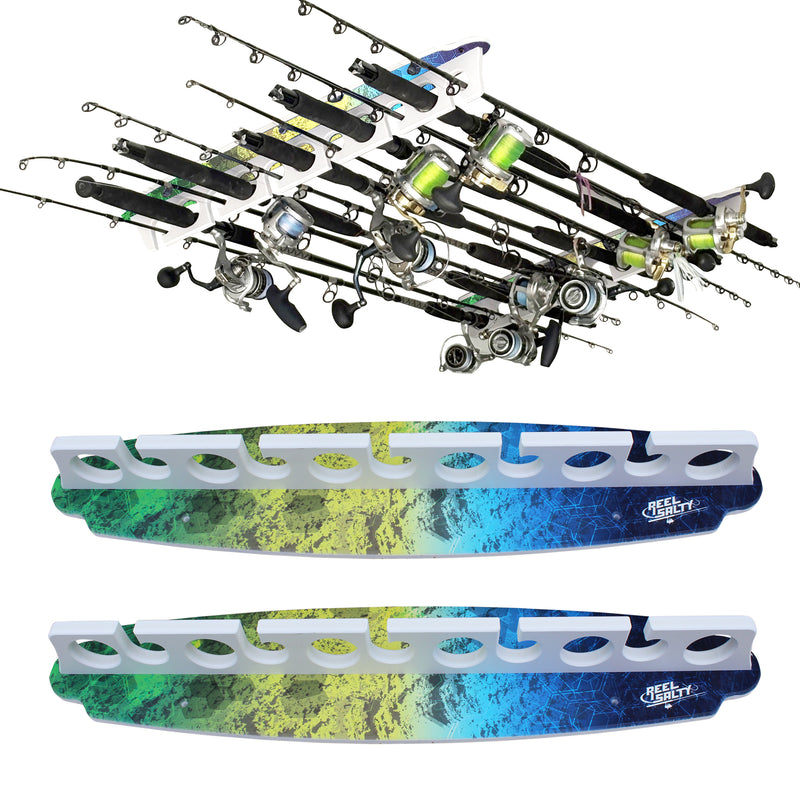 Load image into Gallery viewer, Reel Salty Waterproof Offshore &amp; Inshore Fishing Rod Holder for 11 Fishing Poles – Wall-Mounted Garage Storage Rack for Rods, Mahi
