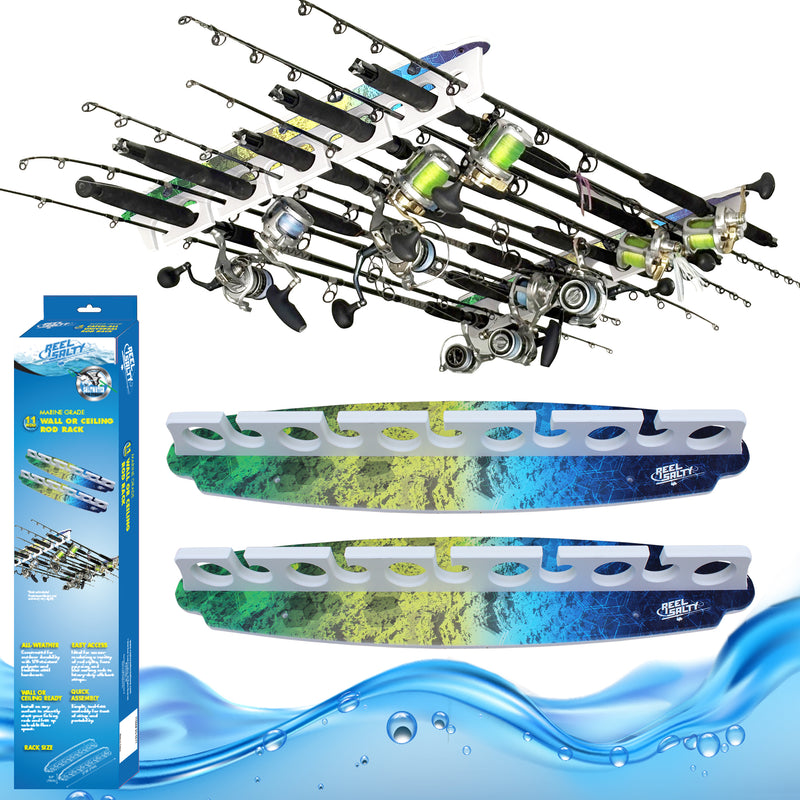 Load image into Gallery viewer, Reel Salty Waterproof Offshore &amp; Inshore Fishing Rod Holder for 11 Fishing Poles – Wall-Mounted Garage Storage Rack for Rods, Mahi
