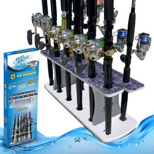 Reel Salty 11-Rod Marine Grade Fishing Rod Holder – Waterproof UV-Resistant Bi-Level Fishing Pole Storage Rack for Garage, Dock & Boat, Gray/White/Blue