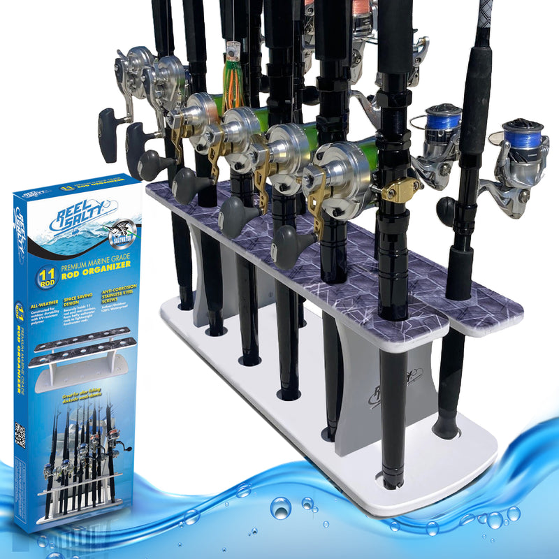 Load image into Gallery viewer, Reel Salty 11-Rod Marine Grade Fishing Rod Holder – Waterproof UV-Resistant Bi-Level Fishing Pole Storage Rack for Garage, Dock &amp; Boat, Gray/White/Blue
