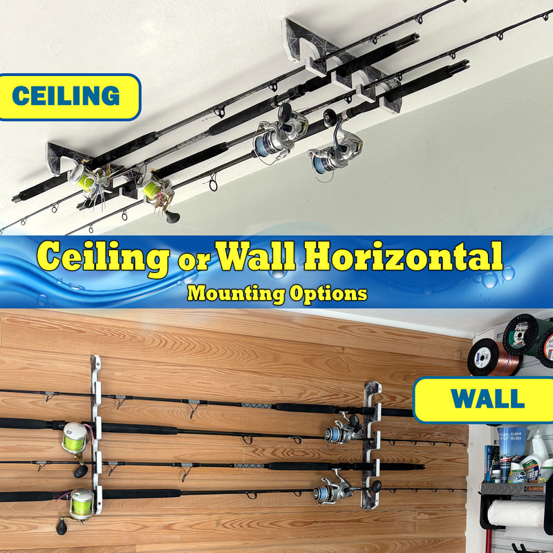 Load image into Gallery viewer, Reel Salty 4 Rod Wall &amp; Ceiling Fishing Rod Rack – Space-Saving Storage Holder for Garage, Home or Tackle Shed
