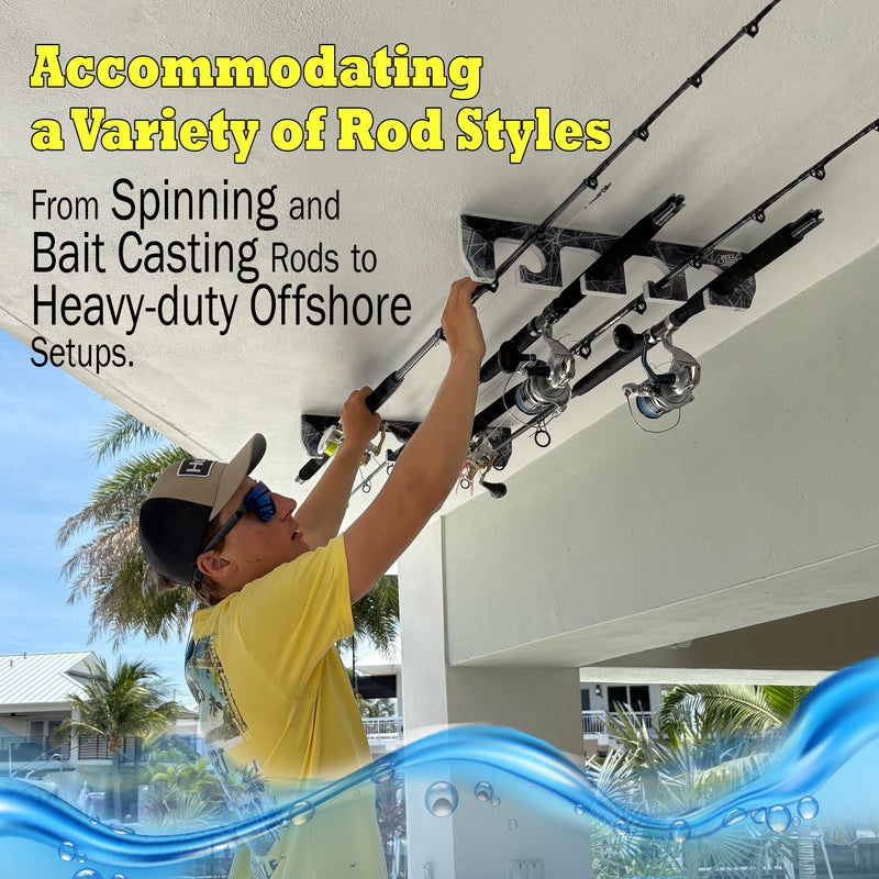 Load image into Gallery viewer, Reel Salty 4 Rod Wall &amp; Ceiling Fishing Rod Rack – Space-Saving Storage Holder for Garage, Home or Tackle Shed

