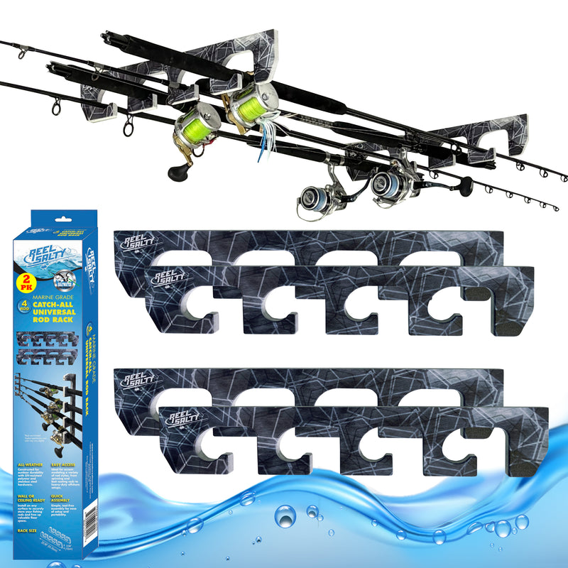 Load image into Gallery viewer, Reel Salty 4 Rod Wall &amp; Ceiling Fishing Rod Rack Set (2-Pack) – Space-Saving Storage Holder for Garage, Home or Tackle Shed
