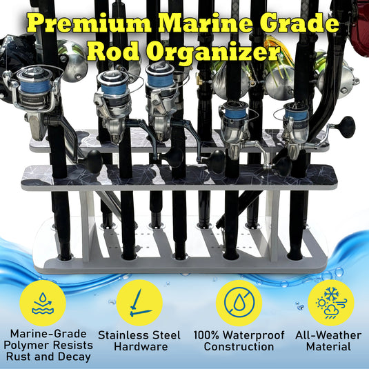 Reel Salty 13 Rod 2-Tier Fishing Rod Floor Rack – Heavy-Duty Organizer for Rods & Gear | Space-Saving Fishing Pole Holder