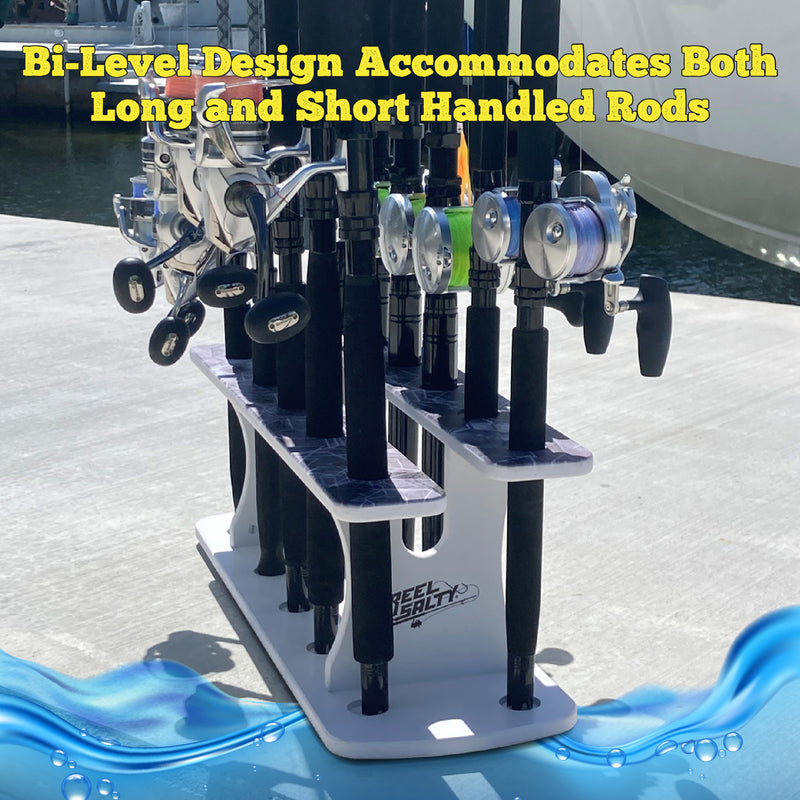 Load image into Gallery viewer, Reel Salty 11-Rod Marine Grade Fishing Rod Holder – Waterproof UV-Resistant Bi-Level Fishing Pole Storage Rack for Garage, Dock &amp; Boat, Gray/White/Blue
