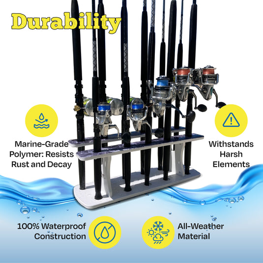 Reel Salty 11-Rod Marine Grade Fishing Rod Holder – Waterproof UV-Resistant Bi-Level Fishing Pole Storage Rack for Garage, Dock & Boat, Gray/White/Blue