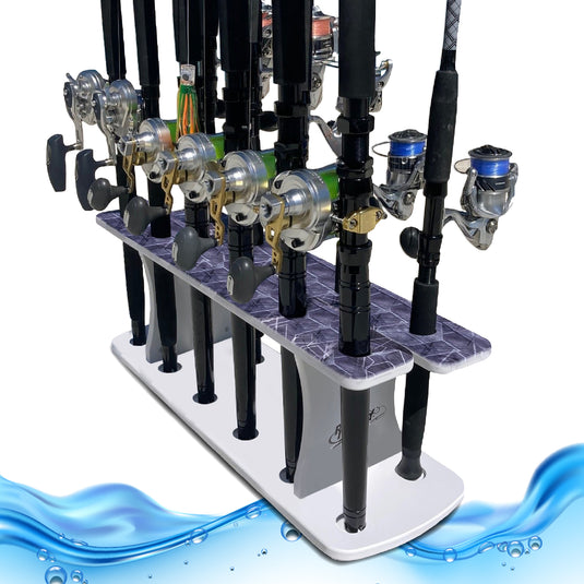 Reel Salty 11-Rod Marine Grade Fishing Rod Holder – Waterproof UV-Resistant Bi-Level Fishing Pole Storage Rack for Garage, Dock & Boat, Gray/White/Blue