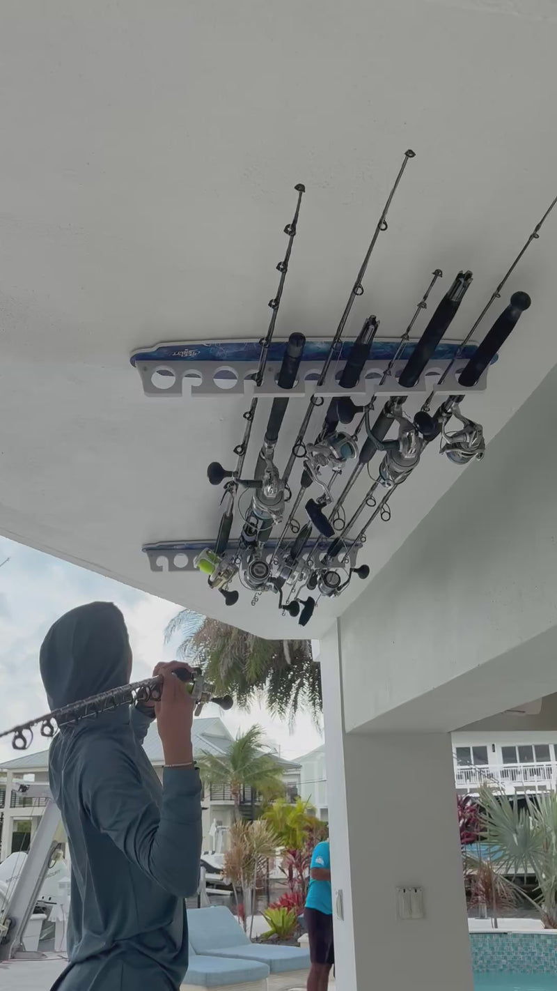 Load and play video in Gallery viewer, Reel Salty 11 Fishing Rod Holder Rack for Wall or Ceiling – Deep Blue
