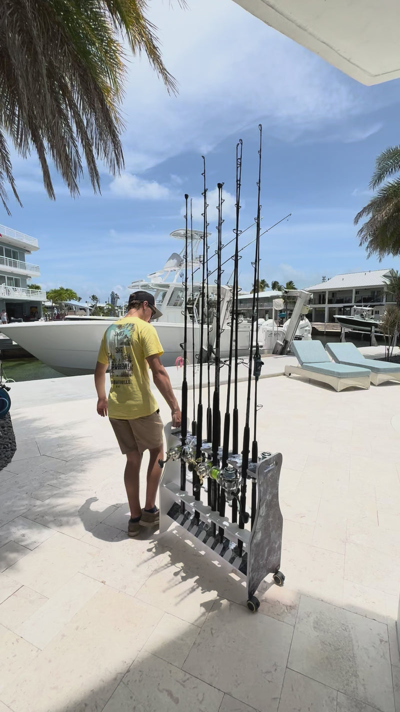 Load and play video in Gallery viewer, Reel Salty Saltwater 16-Rod Rolling Fishing Rod Rack – Mobile Offshore &amp; Inshore Floor Storage Organizer

