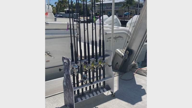 Load and play video in Gallery viewer, Reel Salty Saltwater 16-Rod Rolling Fishing Rod Rack – Mobile Offshore &amp; Inshore Floor Storage Organizer
