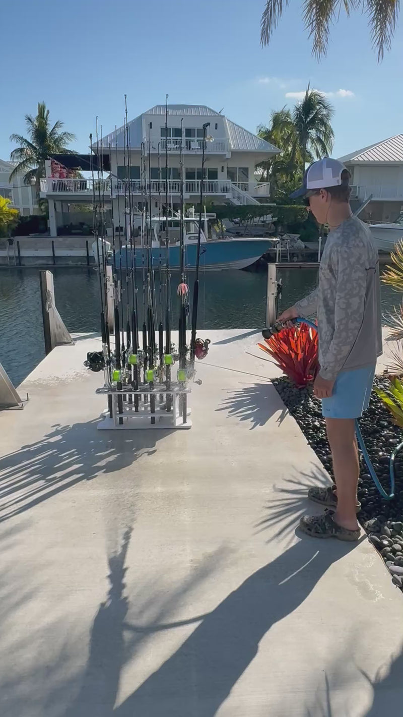 Load and play video in Gallery viewer, Reel Salty 19-Rod Fishing Rod Rack – Waterproof Saltwater Rod Holder for Garage &amp; Dock Storage

